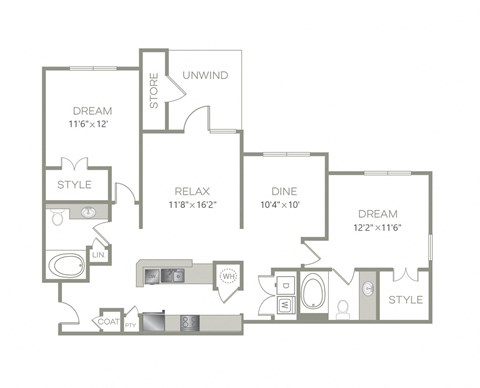 Floor plan for 2 beds, 2 baths, 1140 sqft